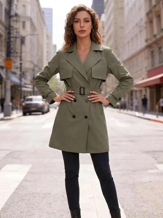 Damen Trenchcoat mit Gürtel, zweireihig, Reverskragen
