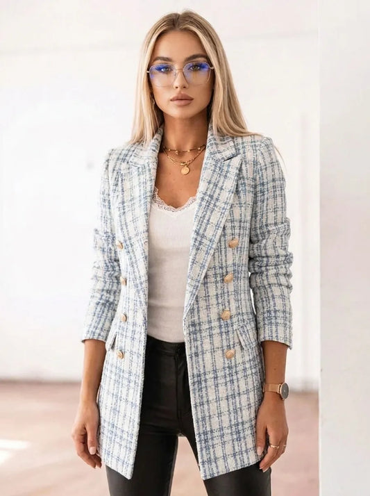 Damen Karierter Doppelreiher Blazer mit Goldknöpfen