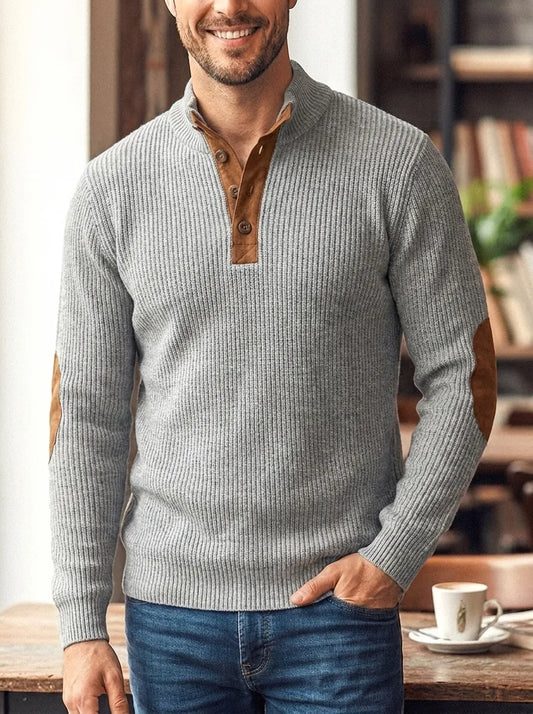Herren Gerippter Stehkragen Pullover mit Knopfleiste und Ellbogenpatches