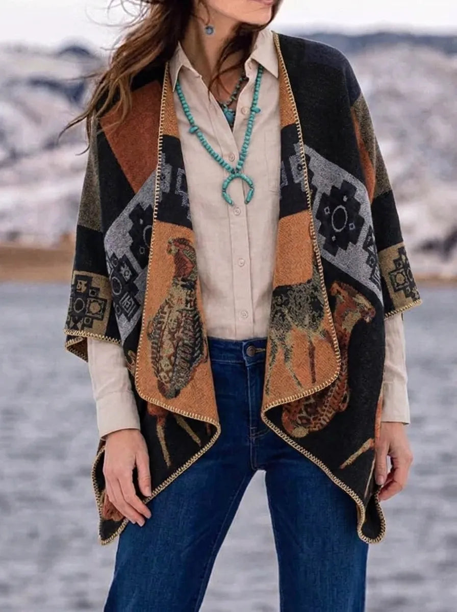 Damen Poncho-Cardigan mit Muster und Tier-Motiven, offen, lockere Passform