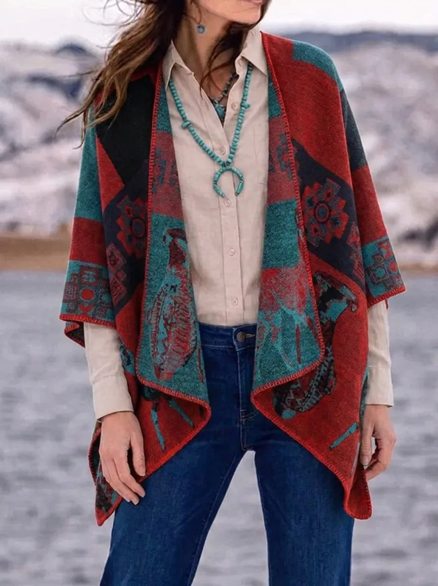 Damen Poncho-Cardigan mit Muster und Tier-Motiven, offen, lockere Passform
