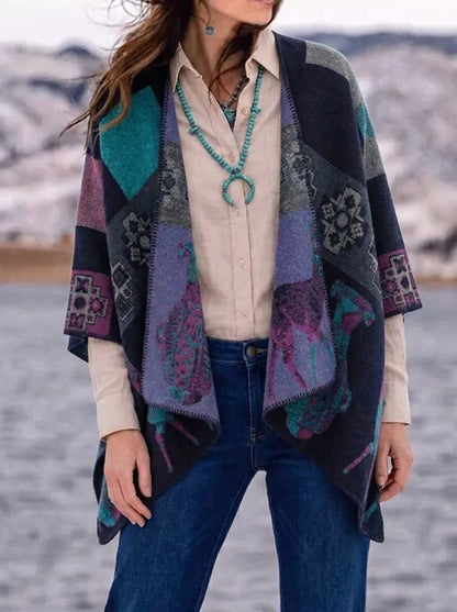 Damen Poncho-Cardigan mit Muster und Tier-Motiven, offen, lockere Passform