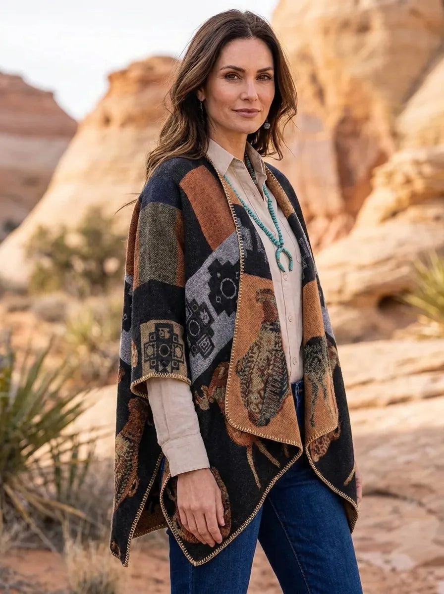 Damen Poncho-Cardigan mit Muster und Tier-Motiven, offen, lockere Passform