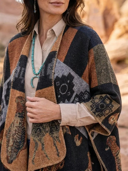 Damen Poncho-Cardigan mit Muster und Tier-Motiven, offen, lockere Passform