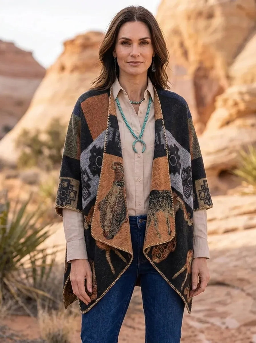 Damen Poncho-Cardigan mit Muster und Tier-Motiven, offen, lockere Passform
