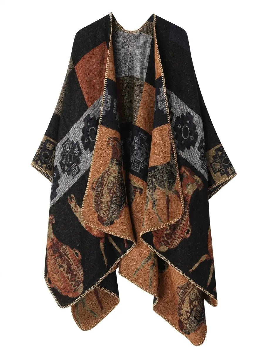 Damen Poncho-Cardigan mit Muster und Tier-Motiven, offen, lockere Passform