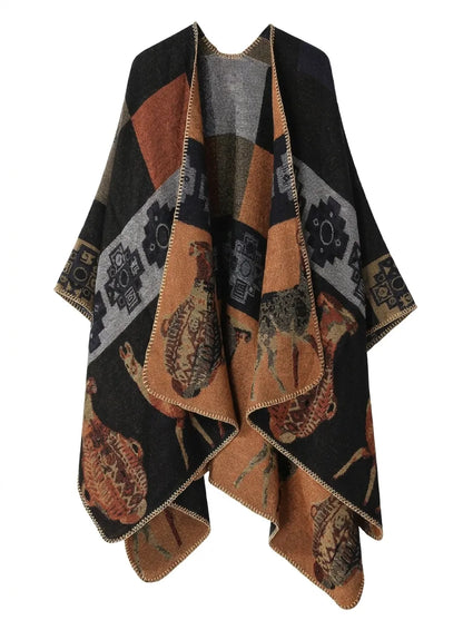 Damen Poncho-Cardigan mit Muster und Tier-Motiven, offen, lockere Passform
