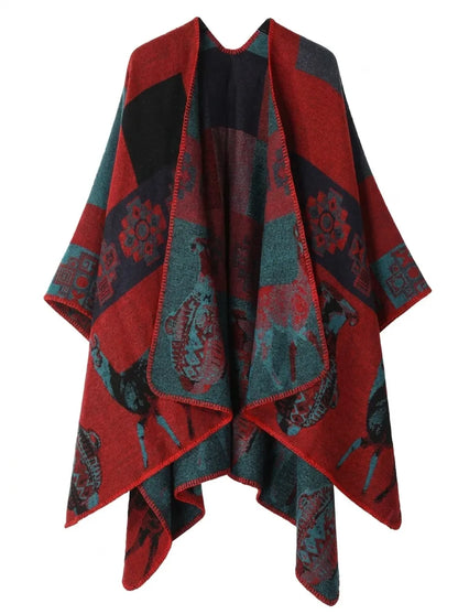 Damen Poncho-Cardigan mit Muster und Tier-Motiven, offen, lockere Passform