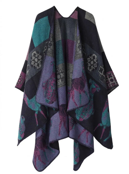 Damen Poncho-Cardigan mit Muster und Tier-Motiven, offen, lockere Passform