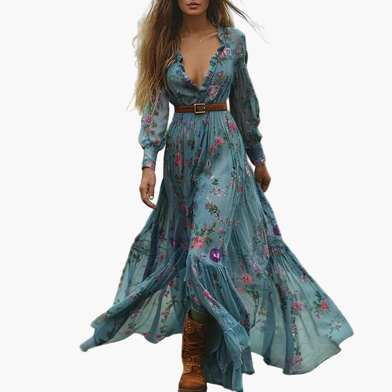 Damen Boho Maxikleid mit Stickerei und Volants – Elegantes Langarmkleid für Freizeit & Outdoor