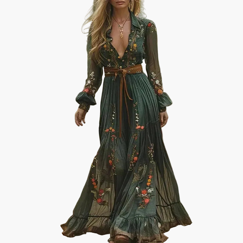 Damen Boho Maxikleid mit Stickerei und Volants – Elegantes Langarmkleid für Freizeit & Outdoor