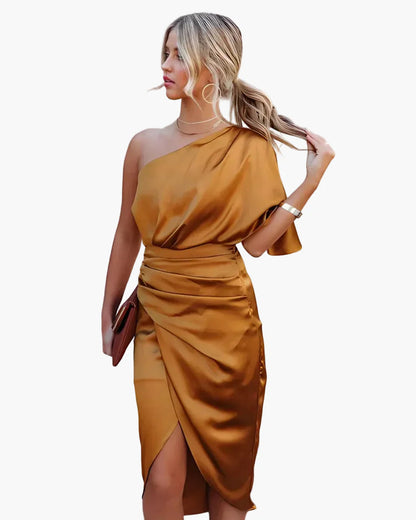 Damen Asymmetrisches Midi-Abendkleid – Elegante Ein-Schulter-Partykleid mit Drapierung