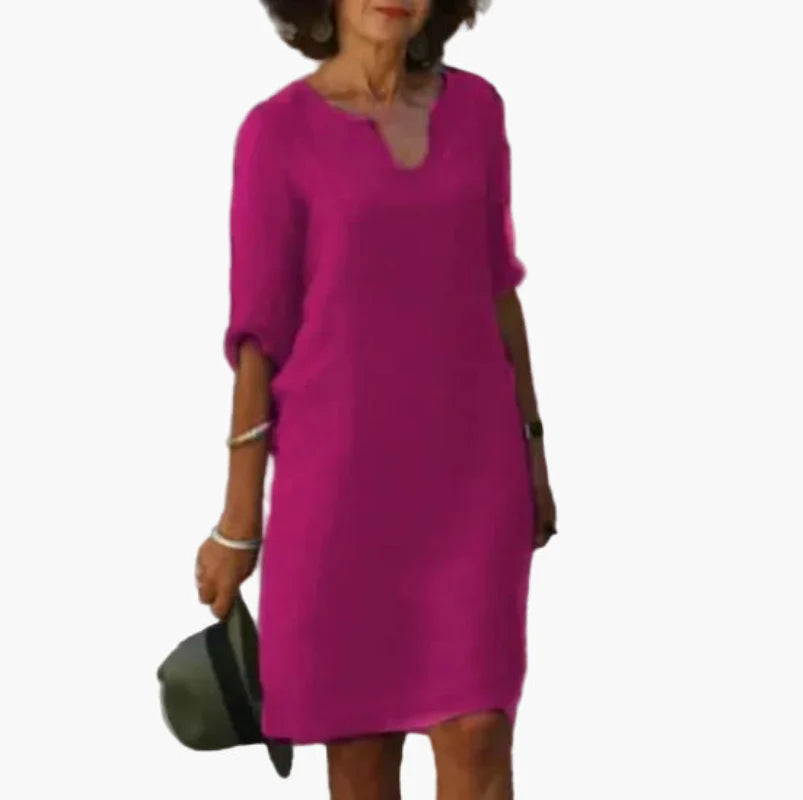 Damen Kleid mit V-Ausschnitt und 3/4-Ärmeln – Eleganter Freizeit- und Büro-Look