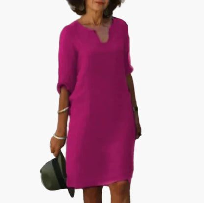 Damen Kleid mit V-Ausschnitt und 3/4-Ärmeln – Eleganter Freizeit- und Büro-Look