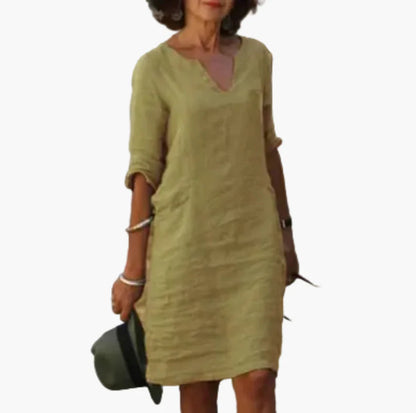 Damen Kleid mit V-Ausschnitt und 3/4-Ärmeln – Eleganter Freizeit- und Büro-Look