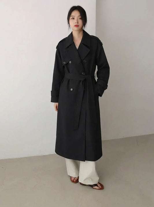Damen Trenchcoat Lang mit Gürtel Zweireihig Klassischer Mantel