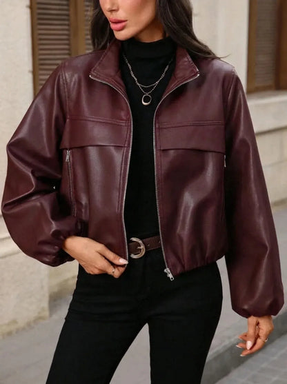 Damen Bomberjacke aus Kunstleder mit Reißverschluss Stehkragen & Taschen