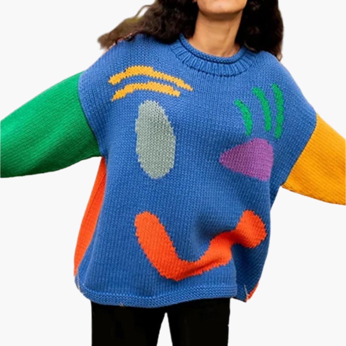 Damen Strickpullover mit abstraktem Gesicht, gemütlicher Freizeit-Stil – Perfekt für entspannte Tage