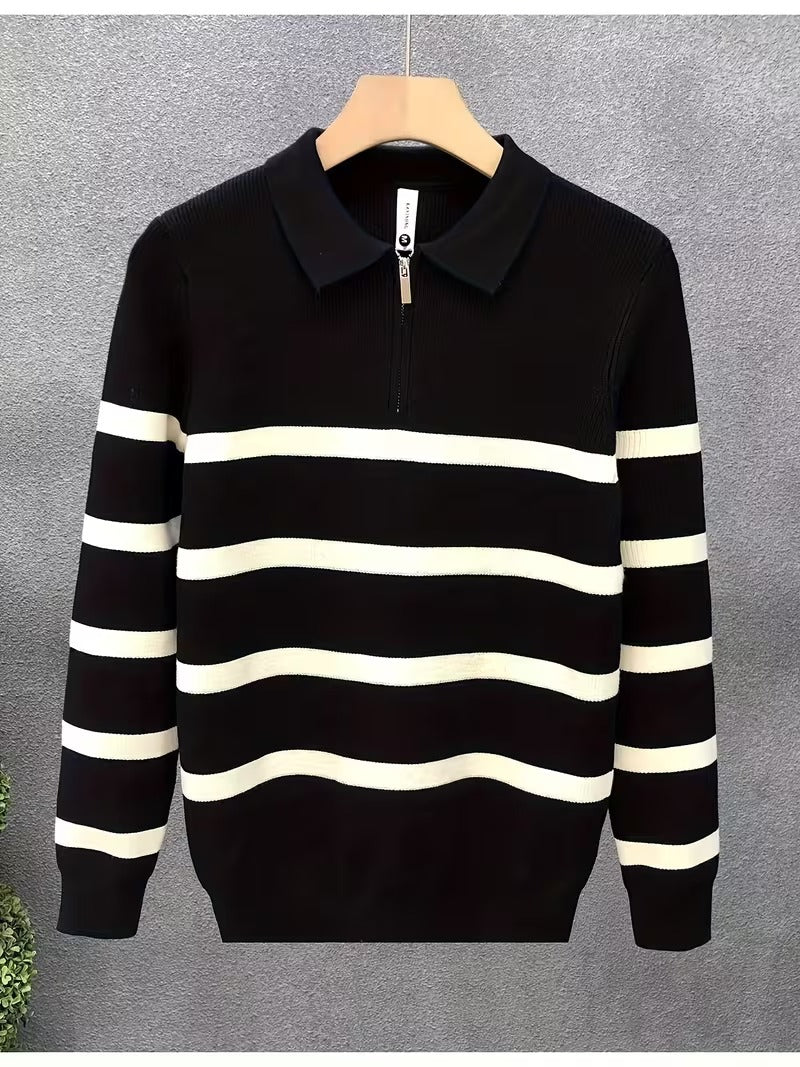 Unisex Langarm Poloshirt mit Reißverschluss, gestreift, gerippt, lockere Passform