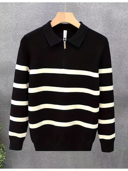 Unisex Langarm Poloshirt mit Reißverschluss, gestreift, gerippt, lockere Passform