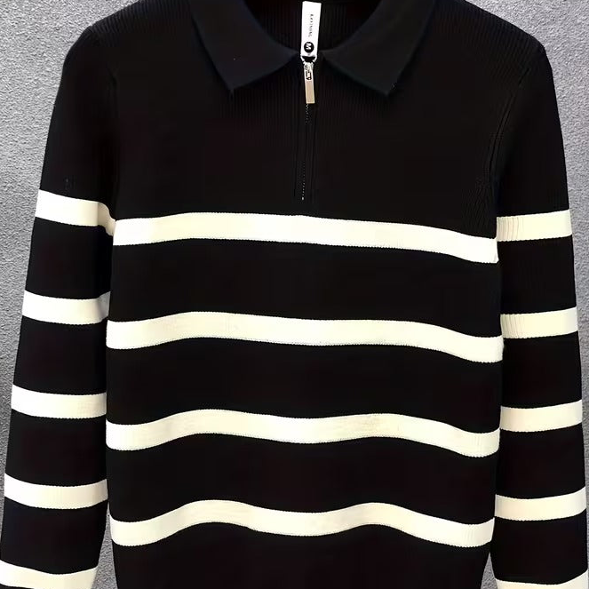 Unisex Langarm Poloshirt mit Reißverschluss, gestreift, gerippt, lockere Passform