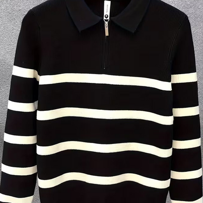 Unisex Langarm Poloshirt mit Reißverschluss, gestreift, gerippt, lockere Passform