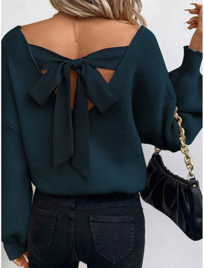 Damen Pullover mit Rückenausschnitt und Schleifen-Detail – Modischer Strickpullover für Alltag und Freizeit