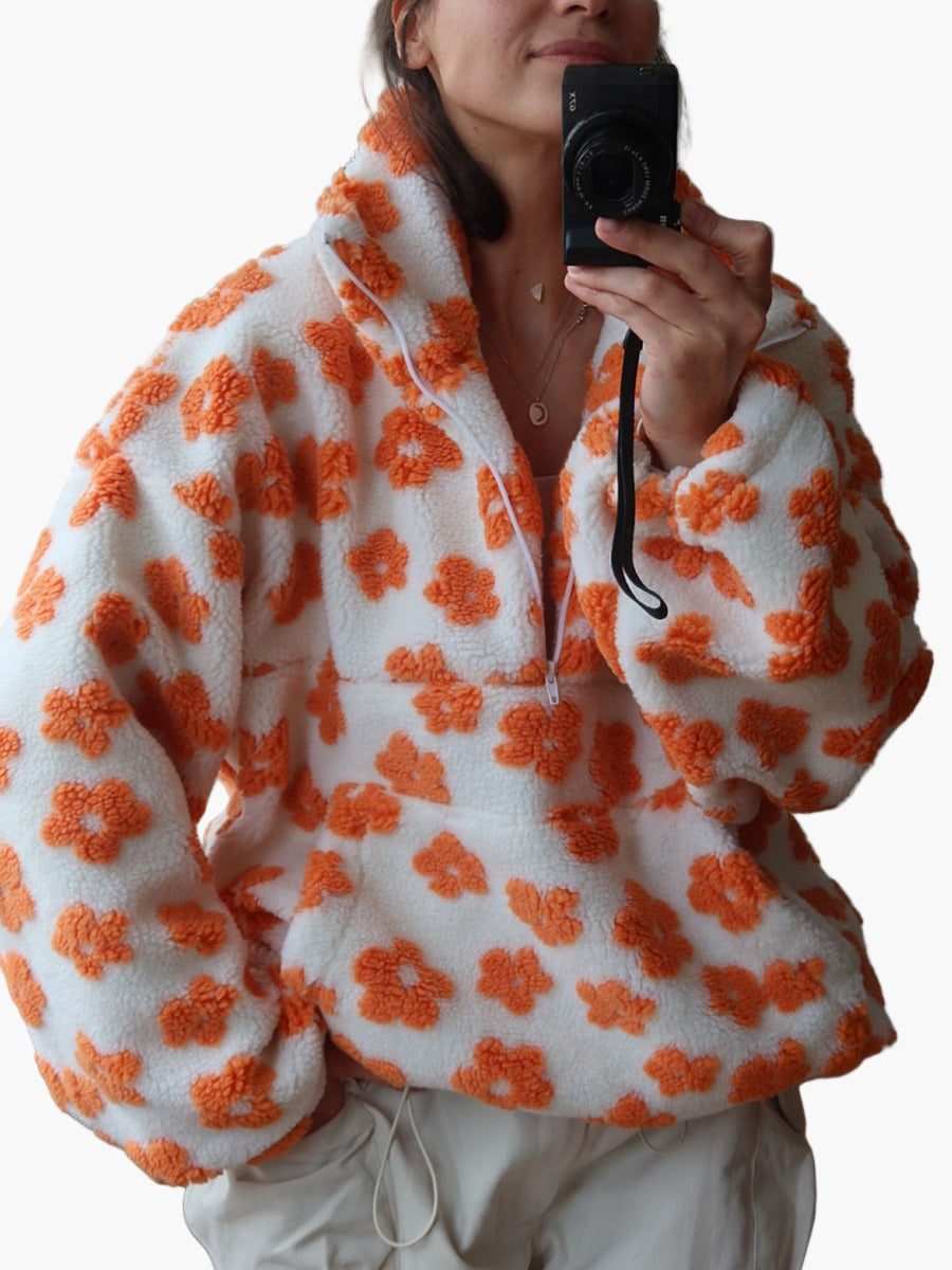 Damen Fleece Pullover im Boho-Stil mit Blumenmuster – Kuschelige Freizeit-Sweatshirt für Herbst und gemütliche Abende