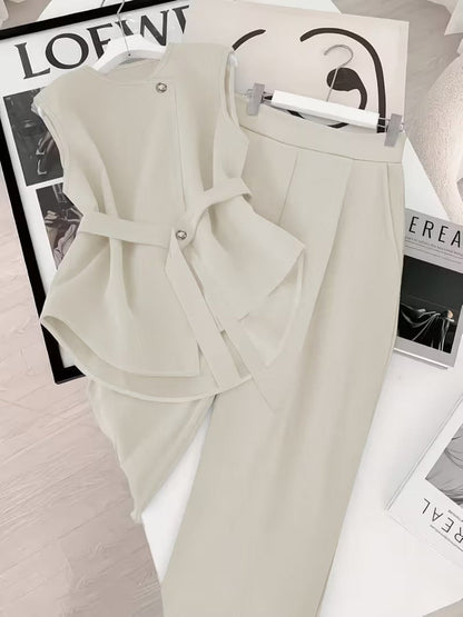 Damen Business Zweiteiler Set – Elegantes Asymmetrisches Top mit Gürtel und Weite Hose für Büro & Alltag