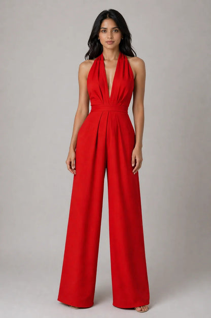 Damen-Jumpsuit mit tiefem V-Ausschnitt und weitem Bein