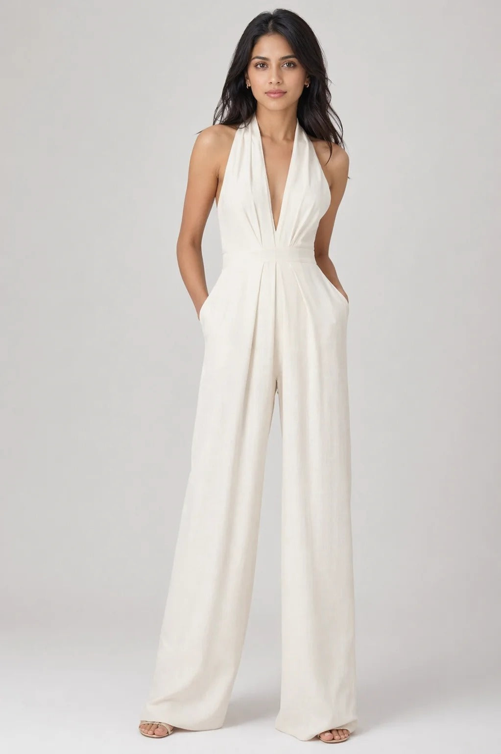 Damen-Jumpsuit mit tiefem V-Ausschnitt und weitem Bein