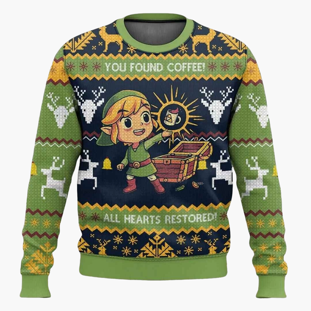 Herren Ugly Christmas Sweater mit Gaming-Motiv – Lustiger Pullover "You Found Coffee! All Hearts Restored!" für Gamer & Weihnachtsfeiern