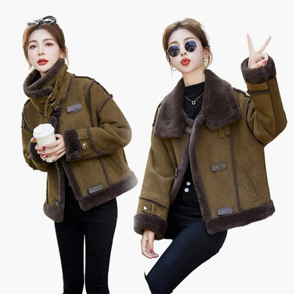 Damen Lässige Winter Fliegerjacke mit Kunstfell – Modische Kurzjacke für Freizeit und Alltag