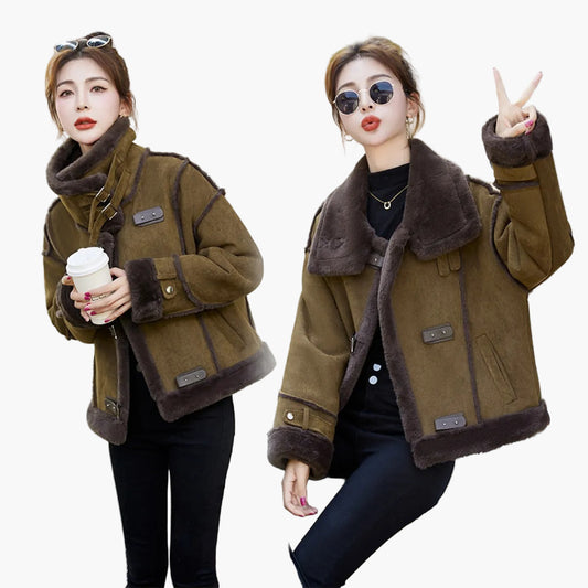 Damen Lässige Winter Fliegerjacke mit Kunstfell – Modische Kurzjacke für Freizeit und Alltag