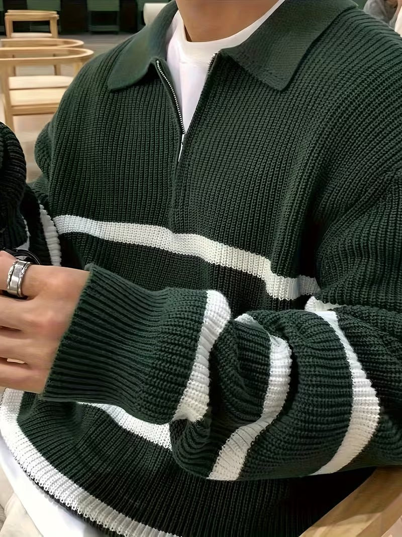 Unisex Langarm Poloshirt mit Reißverschluss, gestreift, gerippt, lockere Passform