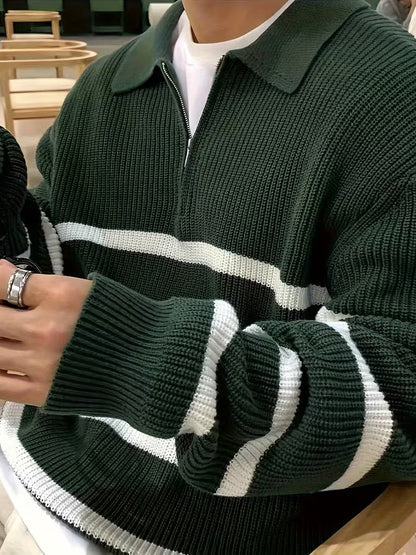 Unisex Langarm Poloshirt mit Reißverschluss, gestreift, gerippt, lockere Passform