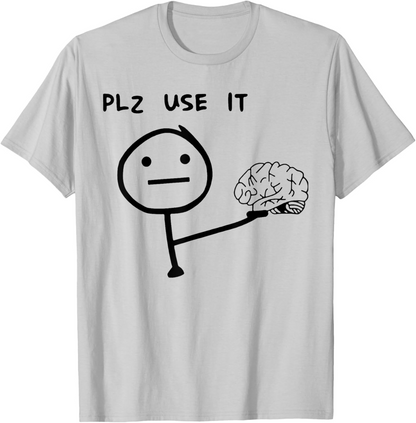 Herren T-Shirt mit lustigem Meme-Print – „PLZ USE IT“ Brain Comic, Casual Streetwear