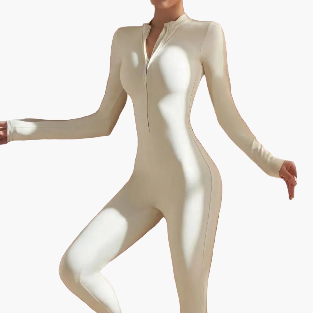 Damen Einteiler Langarm Jumpsuit mit Reißverschluss – Sportlich & Figurbetont für Freizeit und Fitness