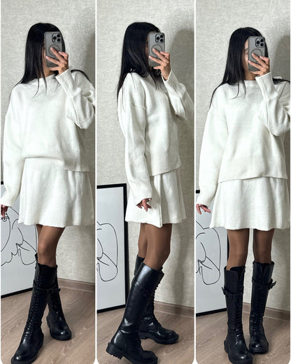 Damen Zweiteiliges Strickset – Modischer Pullover und Rock für Herbst & Winter