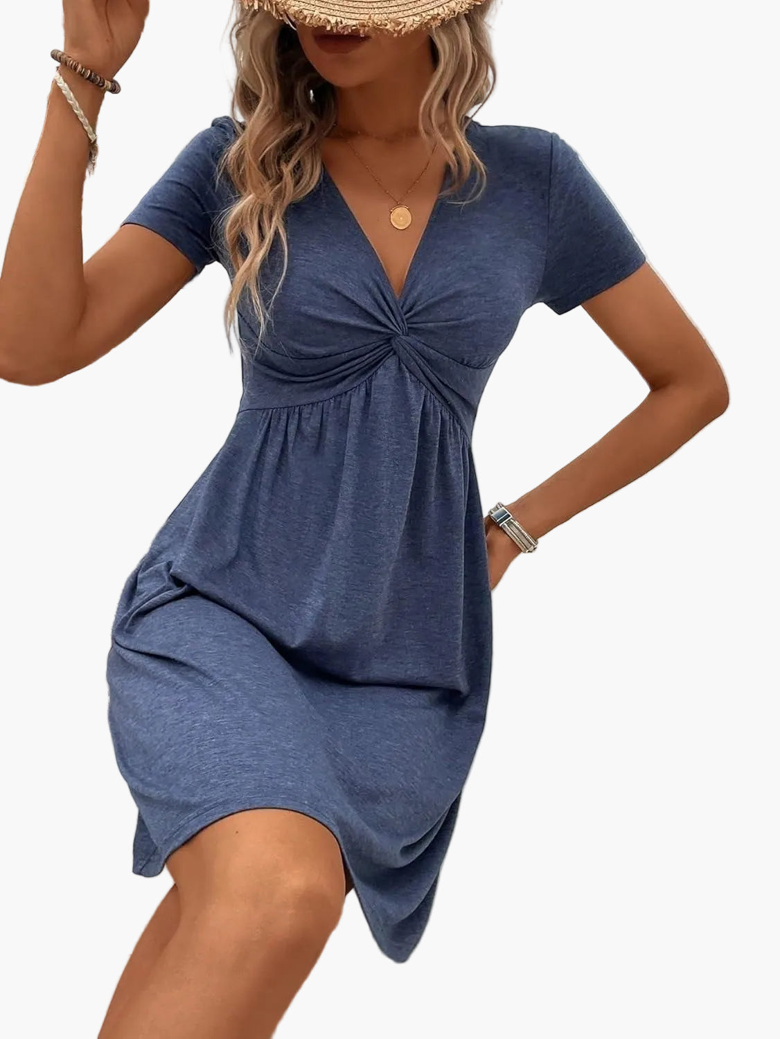 Damen Sommer Kleid mit Twist-Detail und V-Ausschnitt – Eleganter Freizeit-Look für Alltag und Urlaub