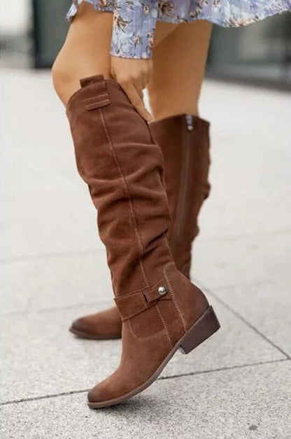 Damen Overknee-Stiefel mit niedrigem Absatz – langschaftiger City-Boot mit Reißverschluss