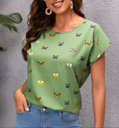 Damen Sommer T-Shirt mit Schmetterlingsmuster – Modisches Freizeitshirt für Alltag und Büro