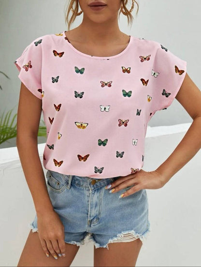 Damen Sommer T-Shirt mit Schmetterlingsmuster – Modisches Freizeitshirt für Alltag und Büro