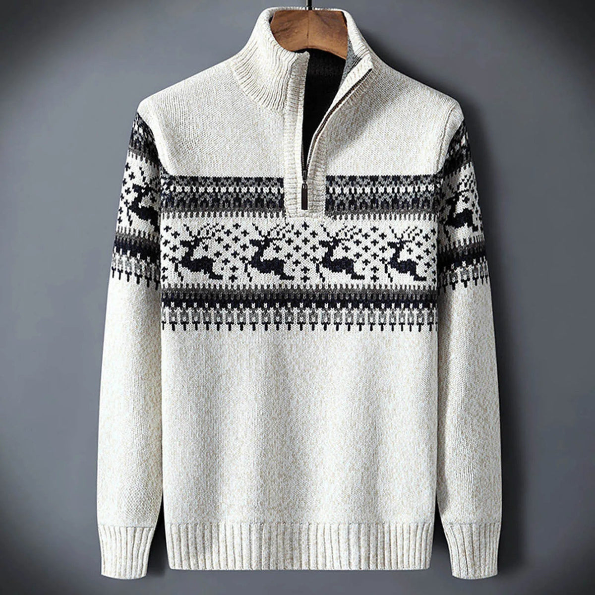 Herren Halb-Reißverschluss Pullover mit Rentier-Jacquardmuster und Stehkragen