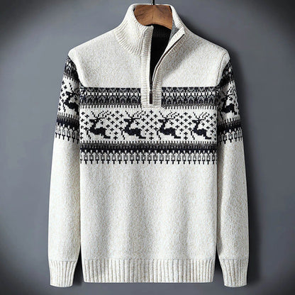 Herren Halb-Reißverschluss Pullover mit Rentier-Jacquardmuster und Stehkragen
