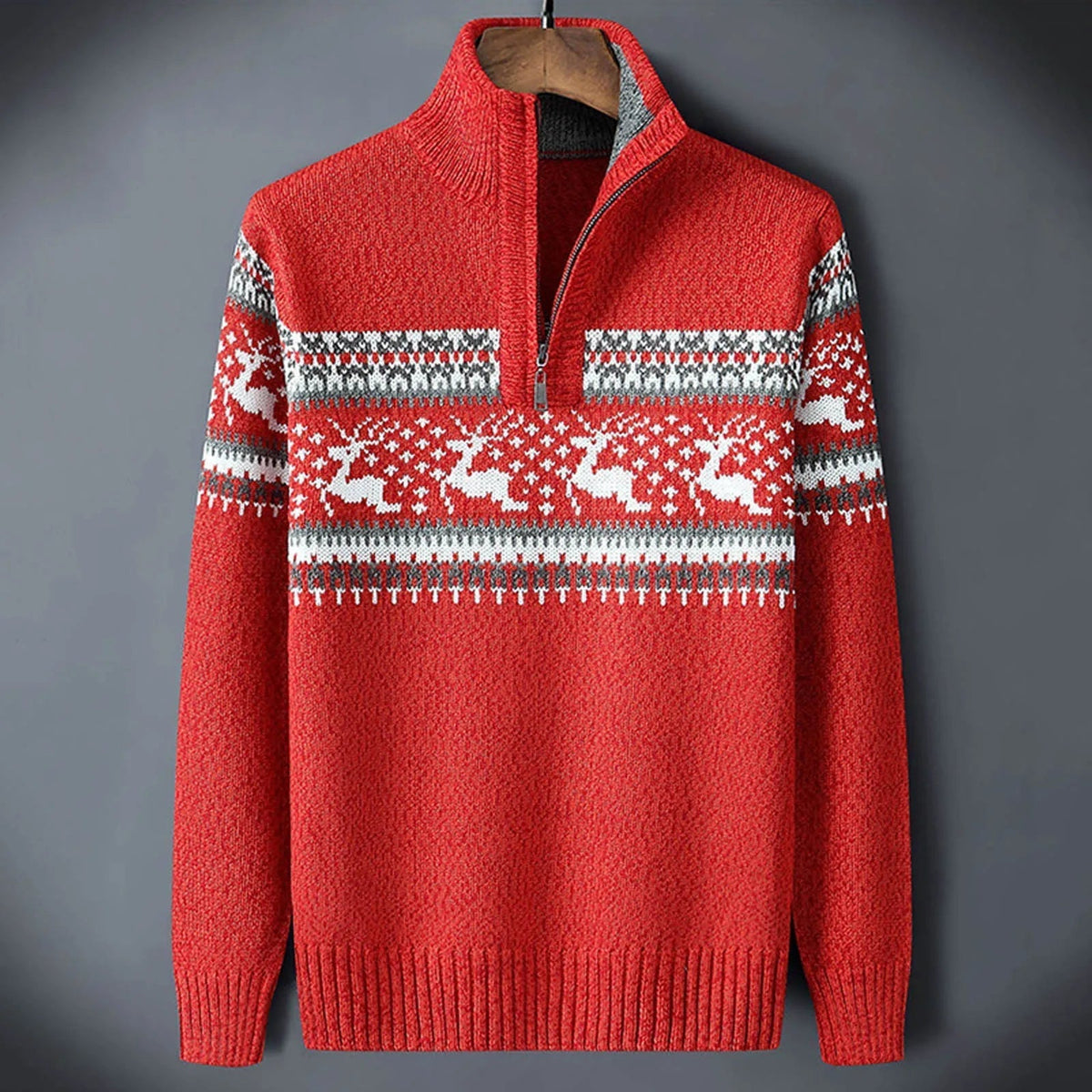 Herren Halb-Reißverschluss Pullover mit Rentier-Jacquardmuster und Stehkragen