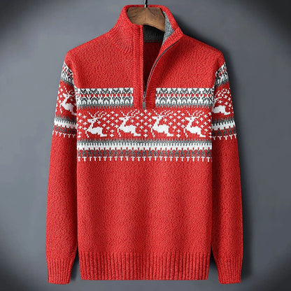 Herren Halb-Reißverschluss Pullover mit Rentier-Jacquardmuster und Stehkragen