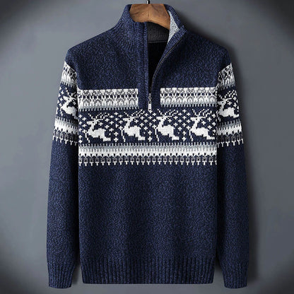 Herren Halb-Reißverschluss Pullover mit Rentier-Jacquardmuster und Stehkragen