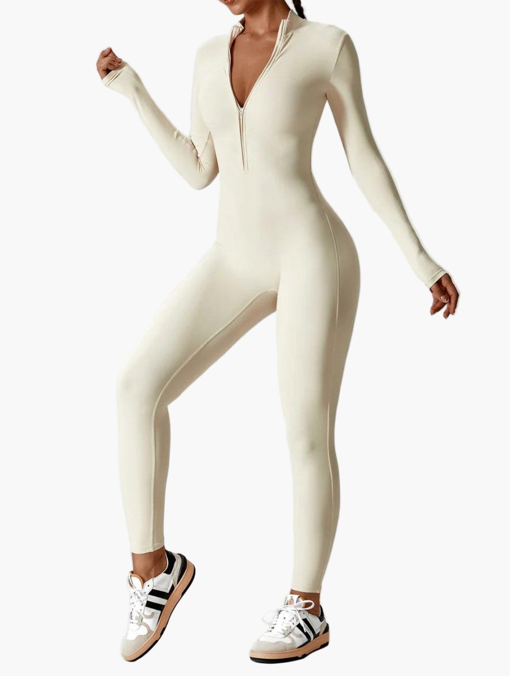 Damen Einteiler Langarm Jumpsuit mit Reißverschluss – Sportlich & Figurbetont für Freizeit und Fitness