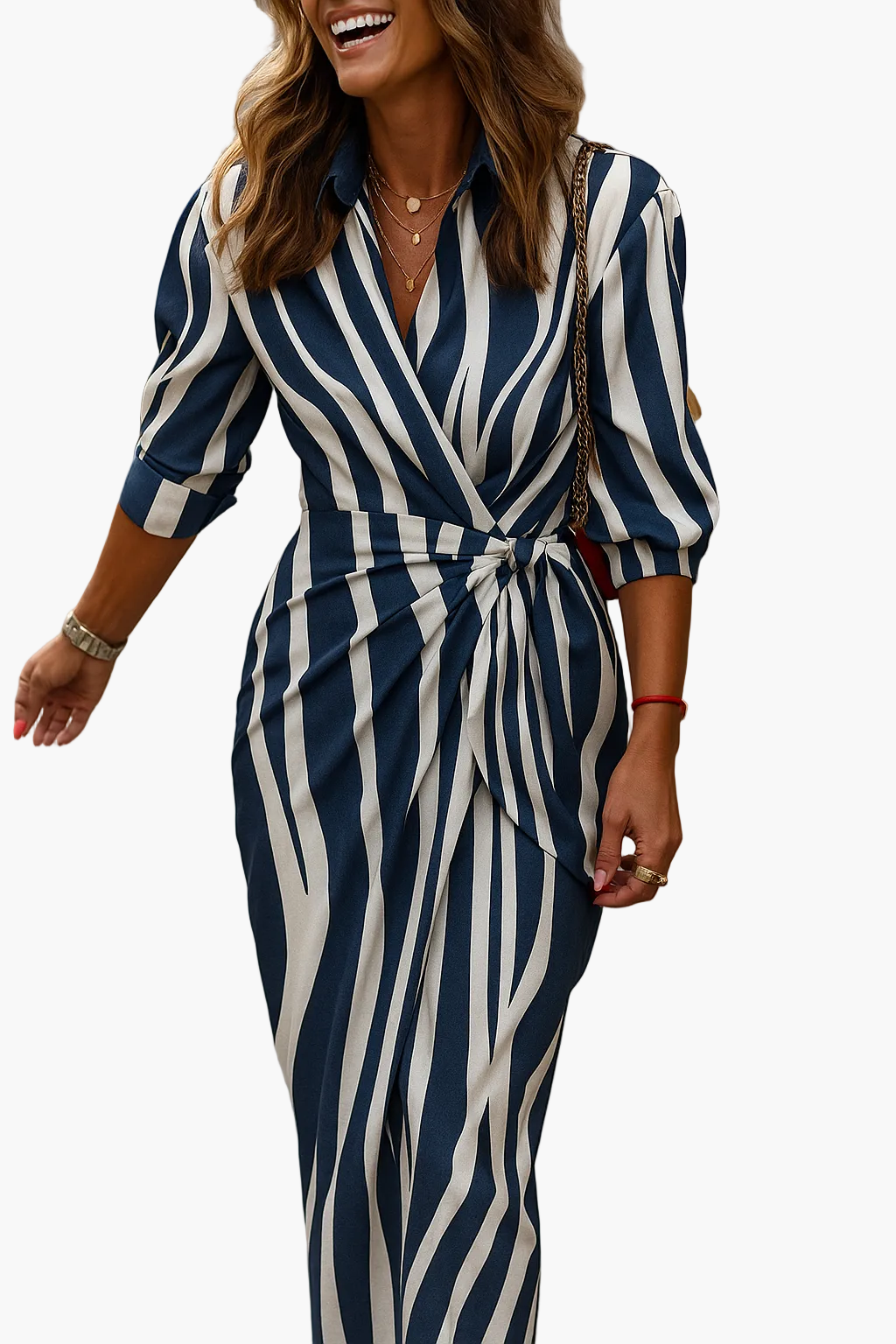 Damen Wickelkleid Elegant Modern Streifenmuster für Alltag und Events